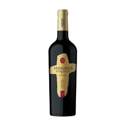 Botella de vino tinto Misiones D Rengo Reserva Cabernet Sauvignon de Chile, con una distintiva etiqueta dorada en forma de cruz.