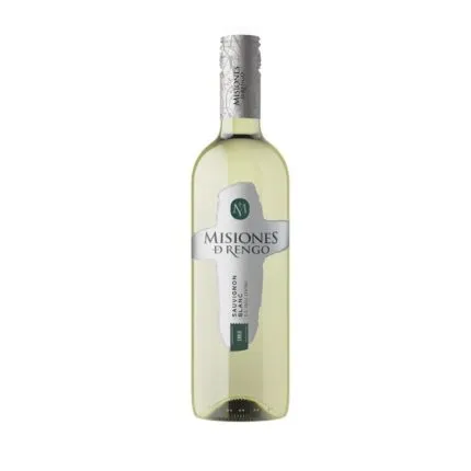 Botella de Vino Misiones de Rengo Sauvignon Blanco Varietal de 750ml, con líquido amarillo verdoso y etiqueta plateada destacada, sobre fondo blanco.