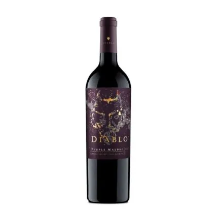 Botella de Vino Diablo Malbec 750cc con etiqueta púrpura y diseño de rostro demoníaco dorado. Vino tinto chileno.