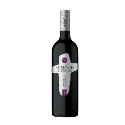 Botella de vino tinto Misiones D'Rengo Carmenere D.O. Valle Central Chile, con etiqueta plateada y detalles morados.