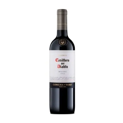 Botella de Vino Casillero Del Diablo Malbec Reserva 750cc de Concha y Toro con etiqueta blanca y detalles dorados.