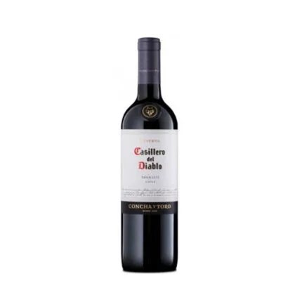 Botella de Vino Casillero Del Diablo Merlot Reserva 750cc de Concha y Toro, tinto chileno, etiqueta clásica.