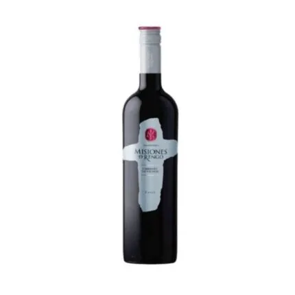 Botella de vino tinto Misiones de Rengo Cabernet Sauvignon de Chile con etiqueta plateada en forma de cruz.