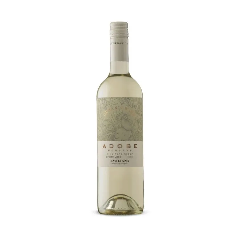 Vino Adobe Sauvignon Blanco Reserva 750cc Botella de vino blanco orgánico Adobe Reserva Sauvignon Blanc de Emiliana, Chile.