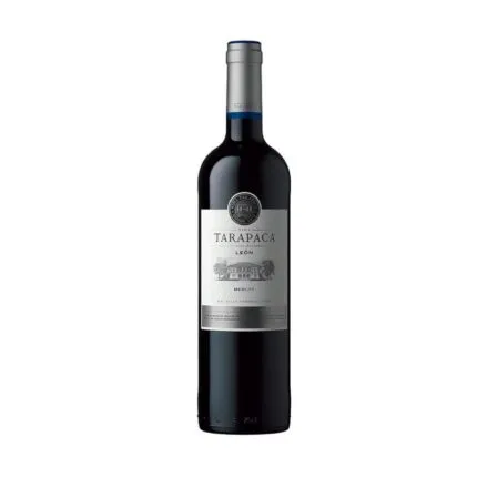 Botella de Vino Tarapaca Leon Merlot, un tinto chileno de Viña Tarapacá con etiqueta plateada y viñedo.