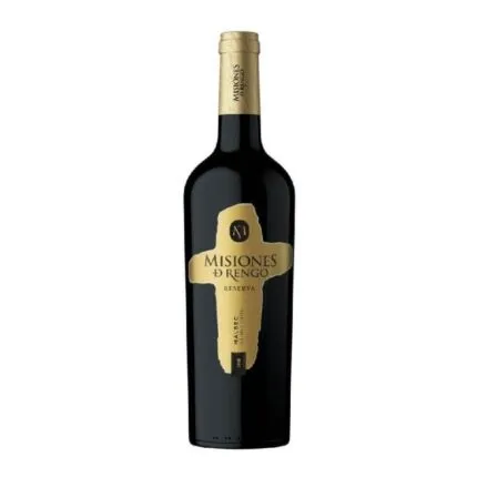 Botella de Vino Misiones de Rengo Reserva Malbec 750 cc con etiqueta dorada en forma de cruz, tinto chileno.