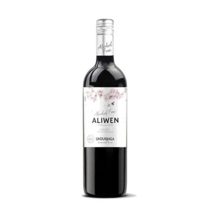 Botella de Vino Aliwen Cabernet Sauvignon Alcohol Free 750cc de Undurraga, con etiqueta floral y tapón plateado.