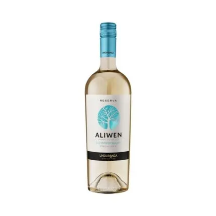 Botella de Vino Aliwen Sauvignon Blanc Reserva 750cc de Undurraga, con etiqueta blanca y un árbol azul, sobre fondo blanco.