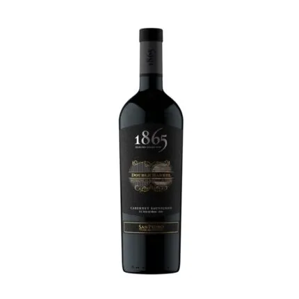 Botella de Vino 1865 Double Barrel Cabernet Sauvignon 750cc, con etiqueta negra y detalles dorados, mostrando la marca y la cepa.