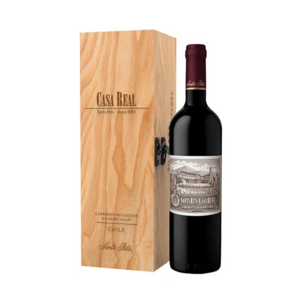 Botella de Vino Casa Real Reserva Especial Cabernet Sauvignon de Santa Rita en caja de madera premium.