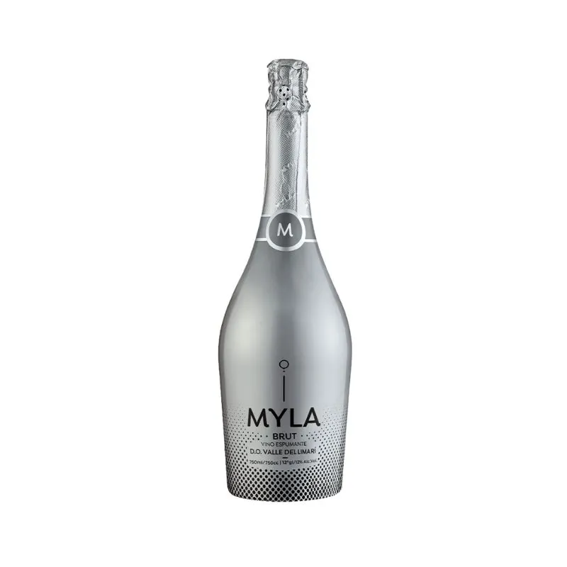 Espumante Myla Brut 750cc Botella de Espumante Myla Brut 750cc plateada y elegante, con logo "M" y patrón de burbujas, del Valle del Limarí, Chile.