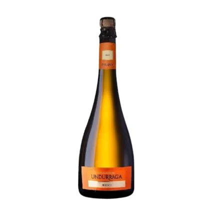 Botella de Espumante Undurraga Brut 310cc, etiqueta naranja con letras blancas, corcho tradicional y líquido dorado pálido.