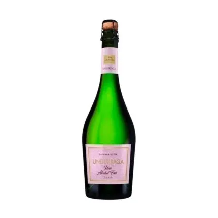 Botella de Espumante Undurraga Rose Alcohol Free Zero 750cc, con etiqueta rosada y corcho, destacando su naturaleza sin alcohol.