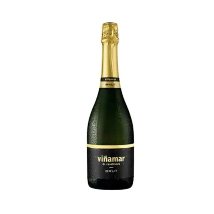 Botella de Espumante Viñamar Brut 750cc, con etiqueta negra y dorada, destacando su origen del Valle de Casablanca.