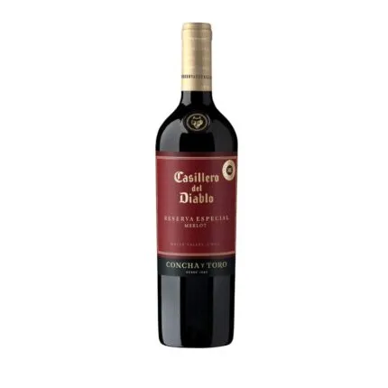 Vino tinto Casillero del Diablo Reserva Especial Carmenere 750cc de Concha y Toro, con etiqueta roja y dorada, botella clásica.