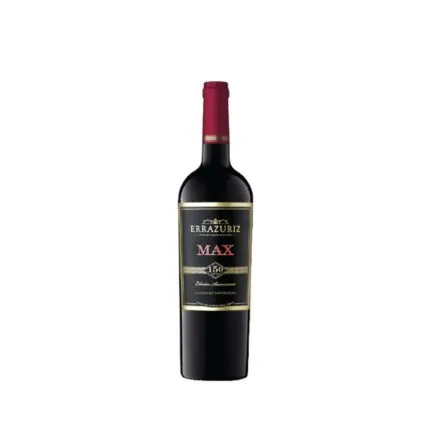 Botella de Vino Errazuriz Max Cabernet Sauvignon Edición Aniversario, etiqueta negra y oro con letras rojas MAX.