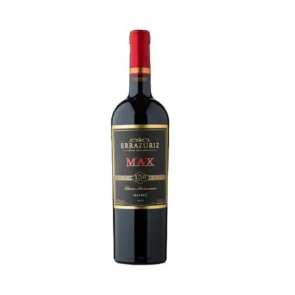 Botella de Vino Errazuriz Max Malbec 2019, Edición Aniversario 150 Años, con etiqueta negra y detalles dorados y rojos.