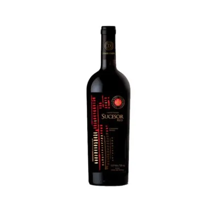 Botella de Vino Sucesor Red Carmenere Malbec de Casa Donoso, con etiqueta negra y detalles rojos, sobre fondo blanco.