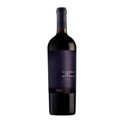 Botella de Vino Tinto Tierras Moradas Carmenere de Viña San Pedro, Valle del Maule, Chile. Etiqueta oscura elegante.
