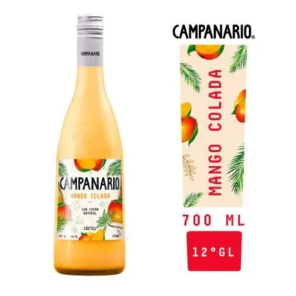 Botella de Campanario Mango Colada de 700cc, cóctel tropical chileno con mango y crema, 12° GL.