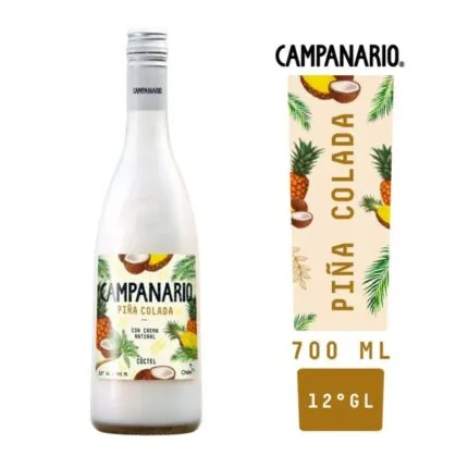 Botella de Campanario Piña Colada 700cc, cóctel tropical cremoso con ilustraciones de piñas y cocos.