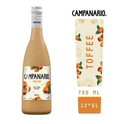 Botella de Campanario Toffe 700cc, cóctel cremoso chileno de caramelo con 12° GL y diseño de etiqueta con toffees.