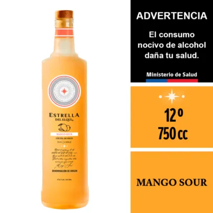 Botella de Estrella del Elqui Mango Sour de 750cc, cóctel chileno de pisco y mango, color amarillo anaranjado.