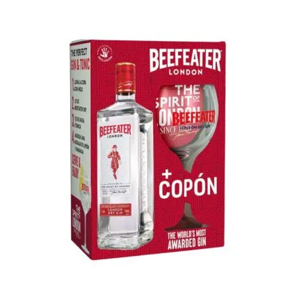 Pack de regalo Beefeater London Dry Gin con botella transparente, etiqueta del guardia Beefeater y copón de marca en caja roja.