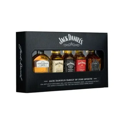 Set de 5 miniaturas de whisky Jack Daniel's, incluyendo Gentleman Jack, Honey, Old No. 7, Fire y Single Barrel Select.