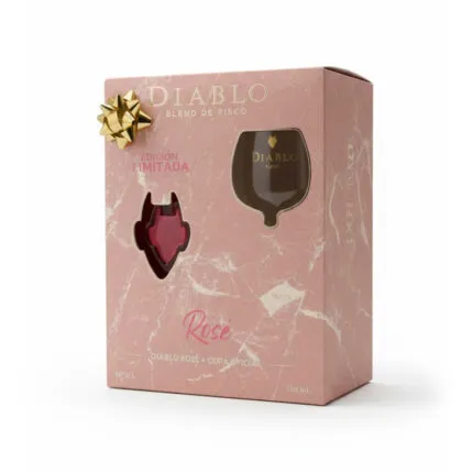Pack Pisco Diablo Rosé Edición Limitada con botella de 700ml y copa oficial en estuche rosado, ideal para regalo.