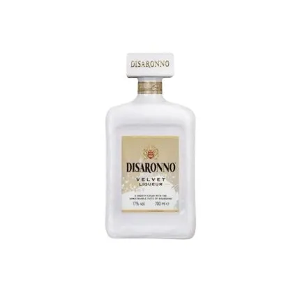 Botella de Disaronno Velvet, licor de crema italiano de 17% vol. con etiqueta dorada y tapa blanca.