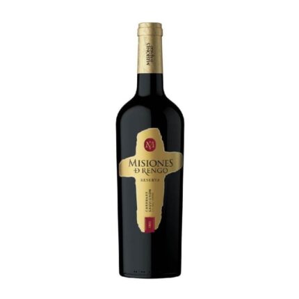 Botella de vino tinto Misiones D Rengo Reserva Cabernet Sauvignon de Chile, con una distintiva etiqueta dorada en forma de cruz.