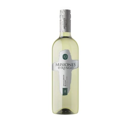 Botella de Vino Misiones de Rengo Sauvignon Blanco Varietal de 750ml, con líquido amarillo verdoso y etiqueta plateada destacada, sobre fondo blanco.