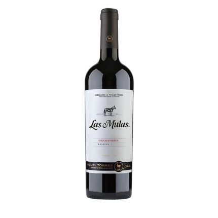 Botella de vino tinto Miguel Torres Las Mulas Carmenere Reserva, orgánico y vegano, de Chile.