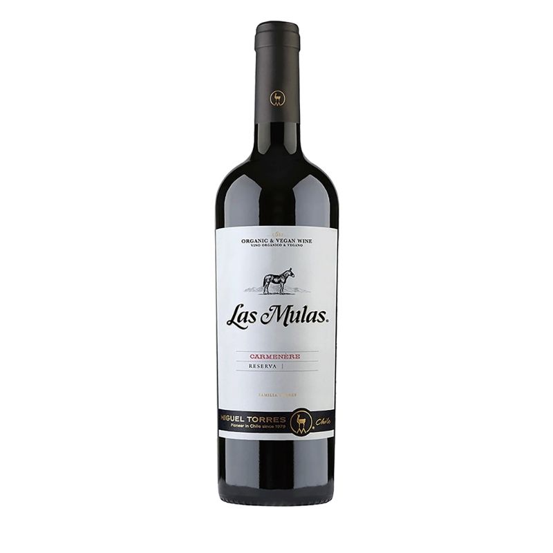 Vino Las Mulas Carmenere Reserva Organico 750cc Botella de vino tinto Miguel Torres Las Mulas Carmenere Reserva, orgánico y vegano, de Chile.