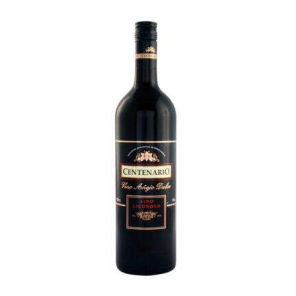 Botella de Vino Centenario Añejo Dulce de 1L, licoroso, con etiqueta clásica en negro y dorado, fondo blanco.