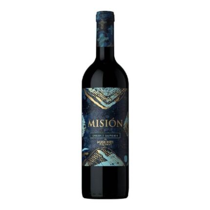 Vino tinto Misión Cabernet Sauvignon de Misiones de Rengo, botella con etiqueta de diseño moderno en azul marino y dorado.