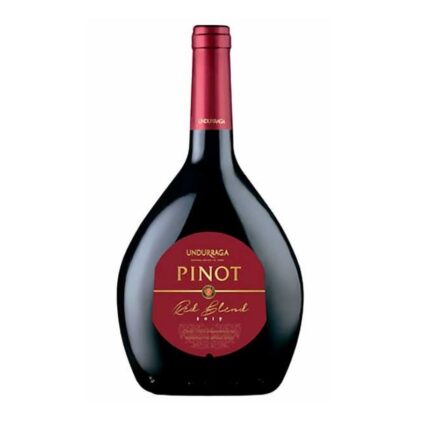 Botella de Vino Undurraga Pinot Red Blend 750cc, vino tinto chileno de color granate intenso y etiqueta roja con letras doradas, cosecha 2019.