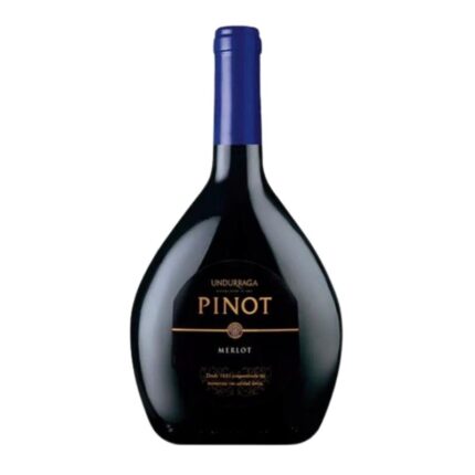 Vino tinto Undurraga Pinot Merlot 750cc, botella oscura con etiqueta negra y letras doradas.