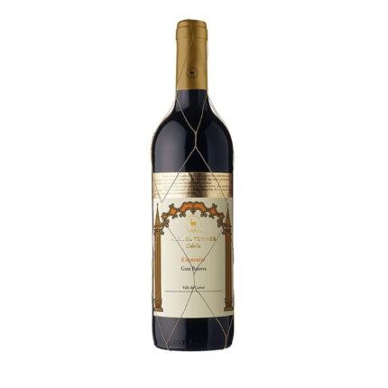 Botella de vino Miguel Torres Chile Carmenere Gran Reserva Valle de Curicó 750ml, con etiqueta detallada y malla dorada.
