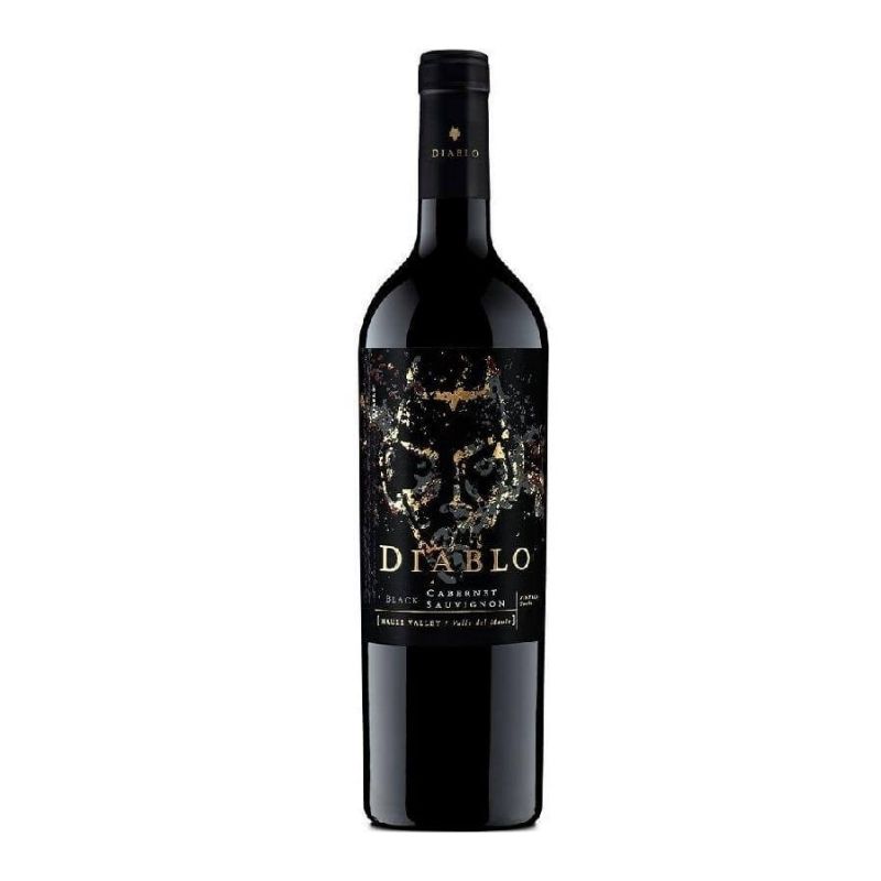 Vino Diablo Black Cabernet Sauvignon 750cc Botella de vino DIABLO Black Cabernet Sauvignon del Valle del Maule, con etiqueta negra y un rostro demoníaco estilizado en dorado.