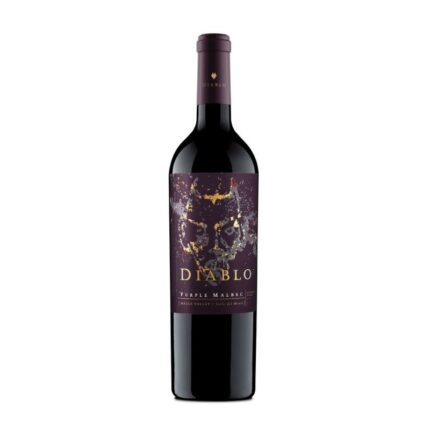 Botella de Vino Diablo Malbec 750cc con etiqueta púrpura y diseño de rostro demoníaco dorado. Vino tinto chileno.