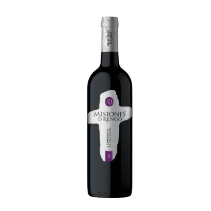 Botella de vino tinto Misiones D'Rengo Carmenere D.O. Valle Central Chile, con etiqueta plateada y detalles morados.