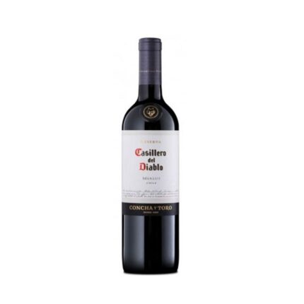 Botella de Vino Casillero Del Diablo Merlot Reserva 750cc de Concha y Toro, tinto chileno, etiqueta clásica.