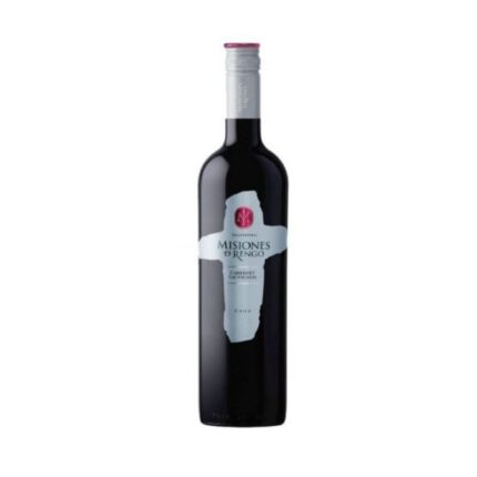 Botella de vino tinto Misiones de Rengo Cabernet Sauvignon de Chile con etiqueta plateada en forma de cruz.