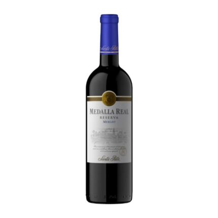 Botella de Vino Medalla Real Merlot Reserva de Viña Santa Rita 750cc, con etiqueta blanca y cápsula azul, mostrando su clásico diseño.