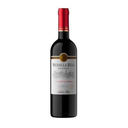 Botella de vino tinto Santa Rita Medalla Real Reserva Cabernet Sauvignon con etiqueta blanca y cápsula roja.