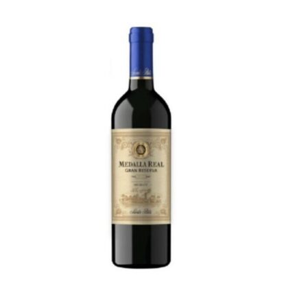 Botella de Vino Medalla Real Merlot Gran Reserva de Viña Santa Rita, 750cc, con etiqueta clásica dorada y cápsula azul.