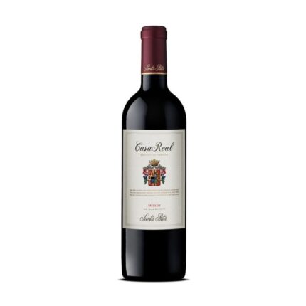 Botella de Vino Casa Real Merlot de Santa Rita, D.O. Valle del Maipo, con etiqueta clásica y escudo de familia.