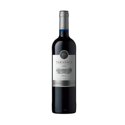 Botella de Vino Tarapaca Leon Merlot, un tinto chileno de Viña Tarapacá con etiqueta plateada y viñedo.